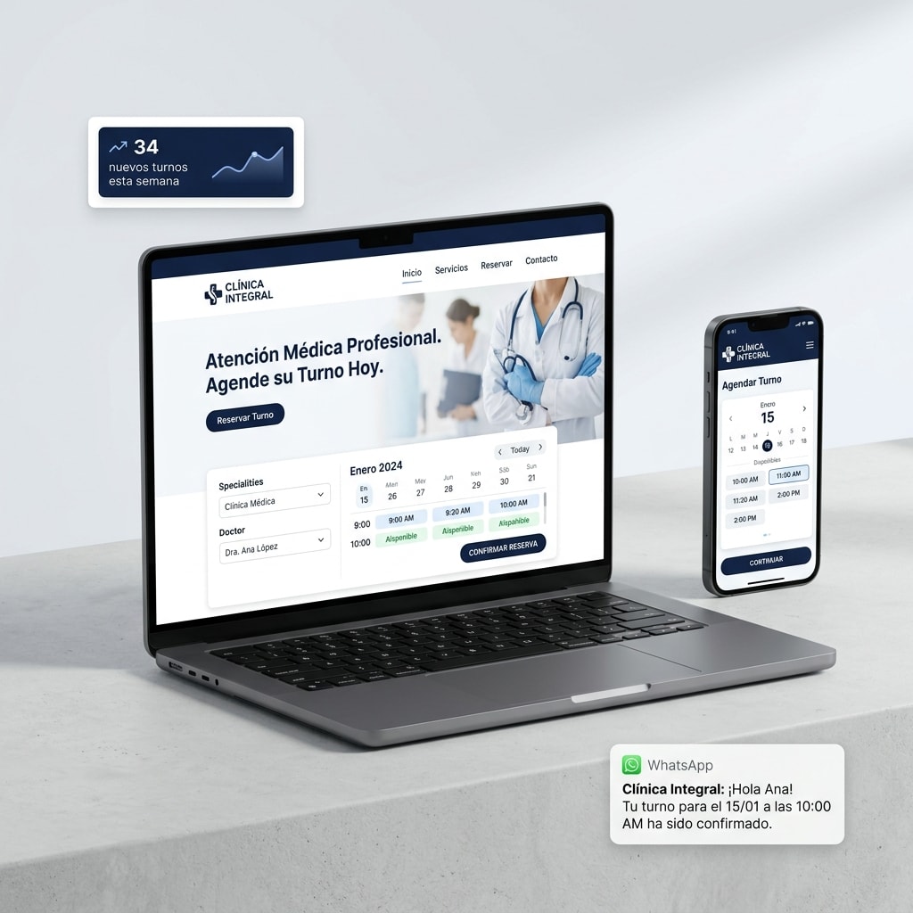MacBook y iPhone mostrando un sitio web con reservas online para clínica médica